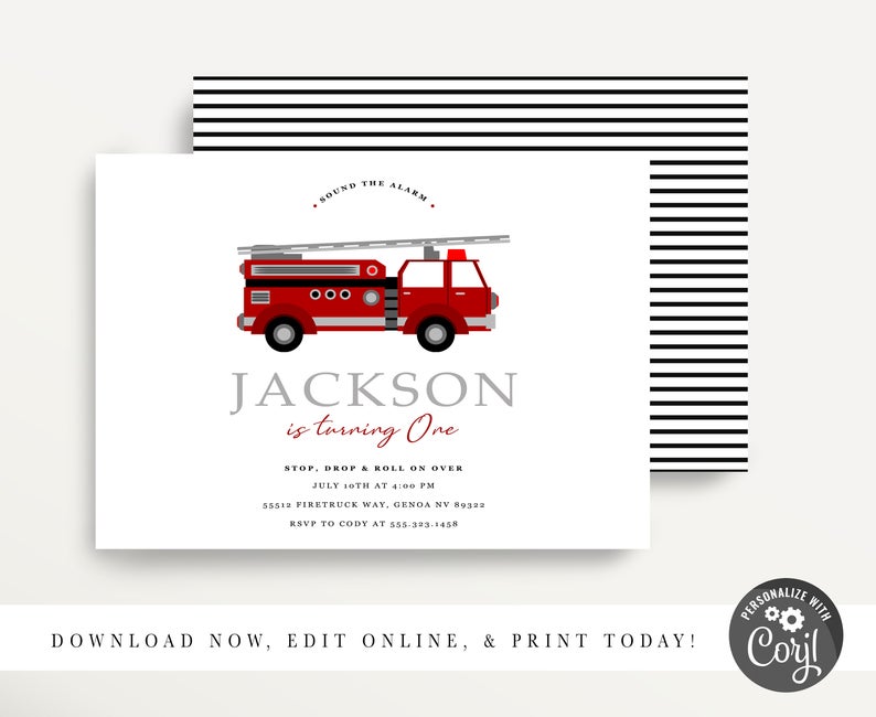 Modern Firefighter Invitation, Fire fighter Birthday Party, Fireman Invitation, Firetruck Birthday Invitation, DIGITAL, Corjl