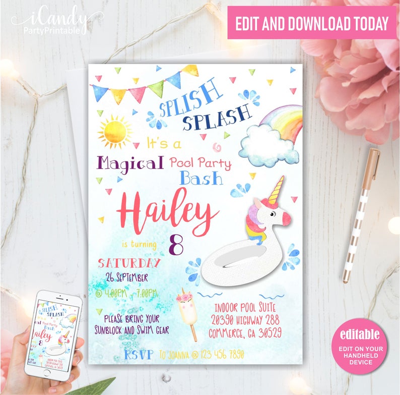 Pool Party Invitation, Girl, Unicorn, Pool Float, Instant Download Self Editing,
