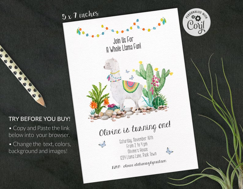 Llama Alpaca Animal Birthday Invitation, First Birthday Invitation, Printable Invite, INSTANT DOWNLOAD, Editable Digital File, Corjl Card