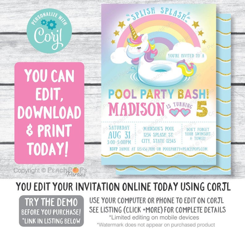 Unicorn Invitation – Unicorn Birthday Pool Party – Splish Splash Bash – Rainbow – DIGITAL Printable Editable Invite 5” x 7” Corjl Edit NOW!