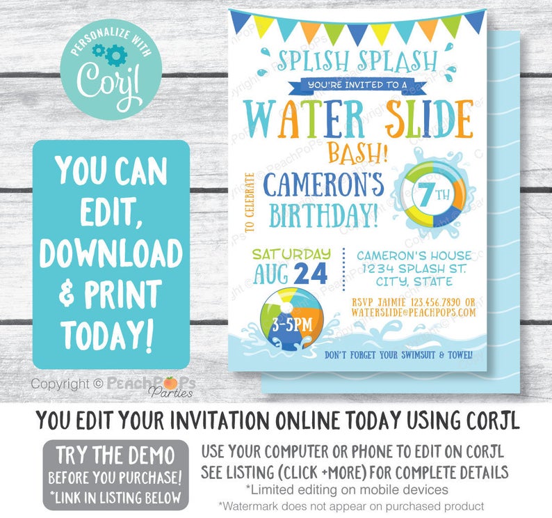 Splash Water Slide Waterslide Bash Birthday Pool Party Invitation – Blue – Boy or Girl – DIGITAL Printable Editable Invite 5” x 7” Edit NOW!
