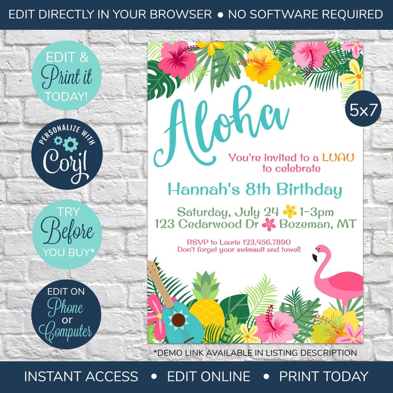 EDITABLE Luau Birthday Invites, Aloha Pineapple Invitations, Summer Birthday Invite, Adult Birthday, Kid’s Birthday, Hawaiian Theme Party