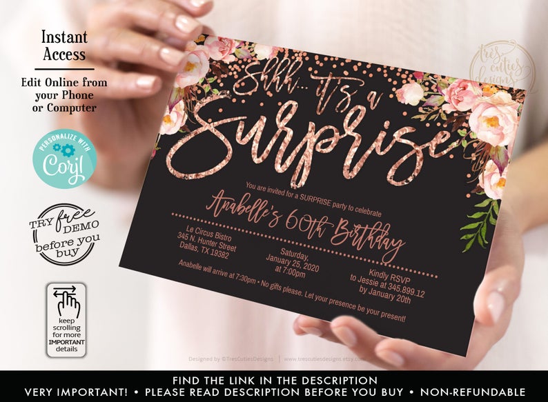 60th birthday Party, Black and Rose Gold Invitation, Shhh it’s a Surprise birthday invitation, Editable, For Any Ages, Template with Corjl,