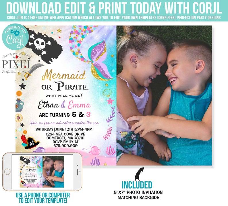 Mermaid And Pirate Birthday Invitation Sibling Mermaid & Pirate Invitation Sibling Girl Boy Combined Birthday Invite Mermaid Pirate Party 7O