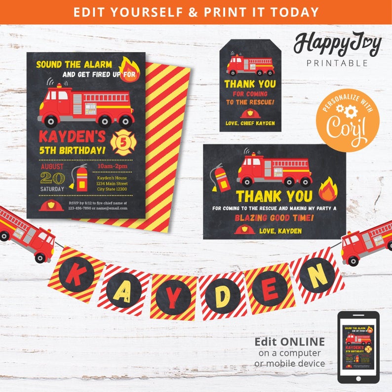 Firefighter Printable Package, Fire Truck Party Invitation, Thank You, Banner, DIY Digital Printable, Editable Corjl Template INSTANT Access