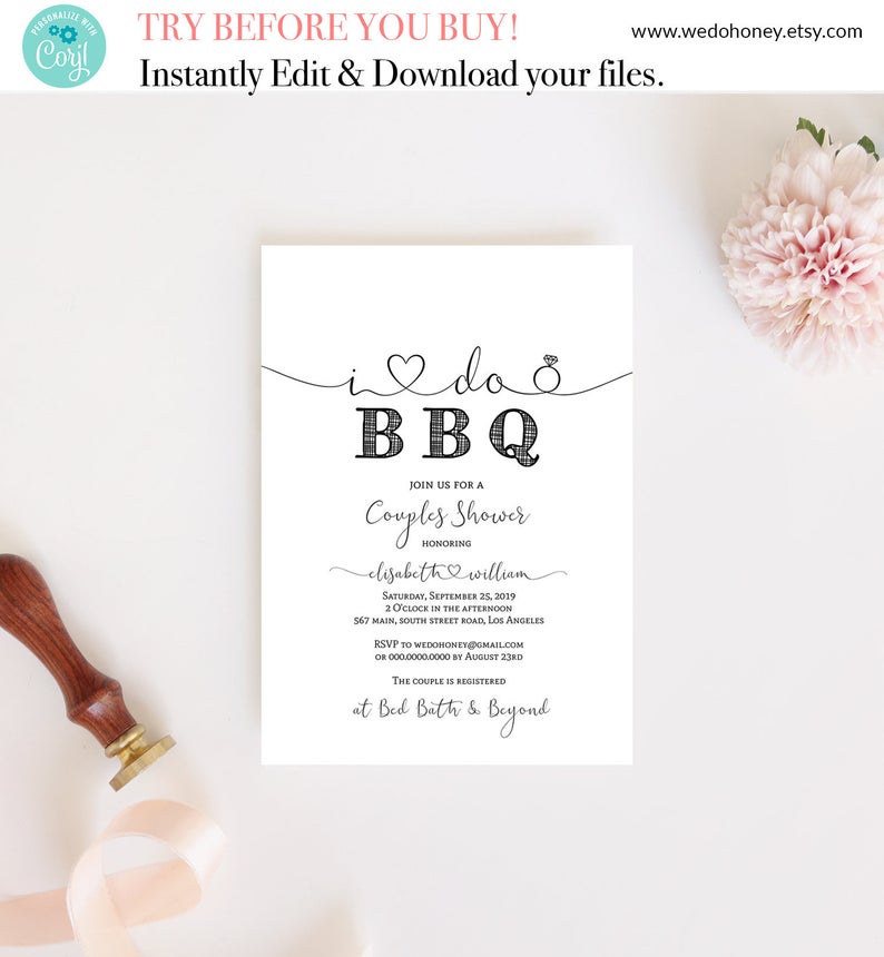 I DO BBQ Couples Shower Printable Invite, Engagement Party, Personalize Editable Text