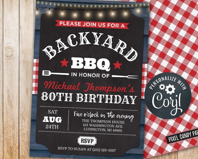 80th BBQ Invitation Birthday Party Invite EIGHTY Barbecue Digital Instant Download 5×7 Editable mens male woman womens