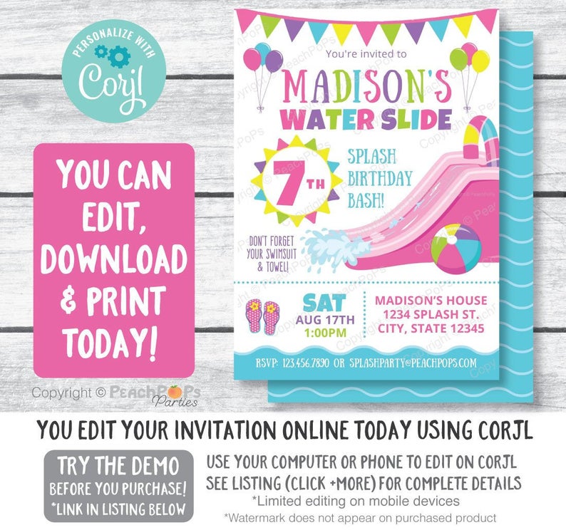 Splash Water Slide Birthday Party Invitation Waterslide Bash – Pool – Pink – Girl- DIGITAL Printable Editable Invite 5” x 7” – Edit NOW!