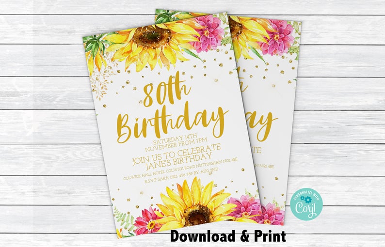 Sunflower Invitation Editable 80th Birthday Invitation Sunflower Birthday Party Invitation Editable Invitation Instant Download Printable