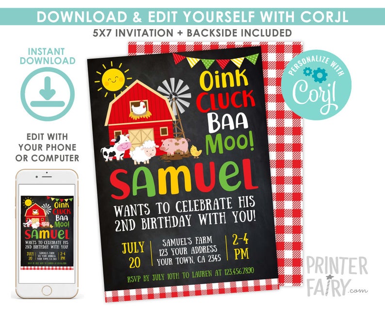 Farm Birthday Invitation, EDITABLE, Barnyard Birthday Party, Animal Invitation, Cow, Pig, Sheep, Chalkboard, EDIT YOURSELF Digital Invite