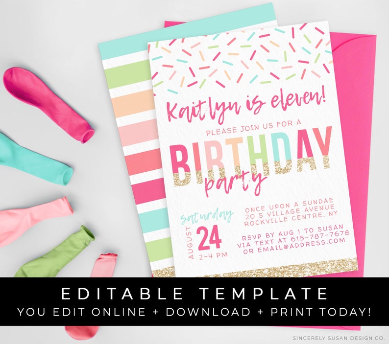 Rainbow Sprinkles Birthday Invitation Girl Ice Cream Party Pink Gold Glitter Printable Invite Editable Instant Template Download, Corjl #040
