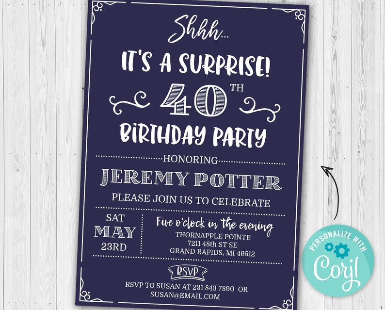 Surprise 40th Birthday Invitation FORTY Invite Party Navy Blue Digital INSTANT Download 5×7 – Editable – adult mens womans