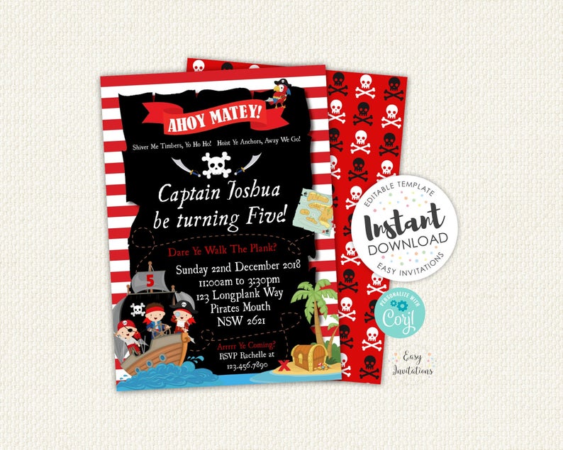 Pirate Invitation, pirate birthday invitation, Pirate Party Invitations, pirate party, pirate invite, editable invitations, instant download