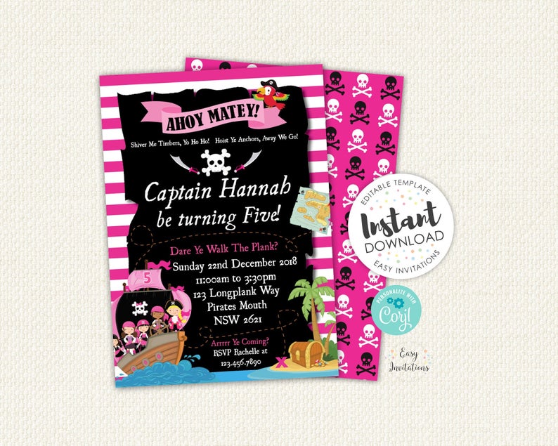Girl Pirate Invitation, girl pirate birthday invitation, girl pirate party, pirate birthday invitation, Pirate Invitation, editable invite