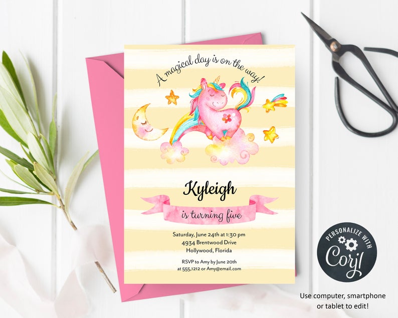 Unicorn Invitation | Magical Unicorn Birthday Party | Printable Editable Digital File | Instant Download | Corjl | KBI472