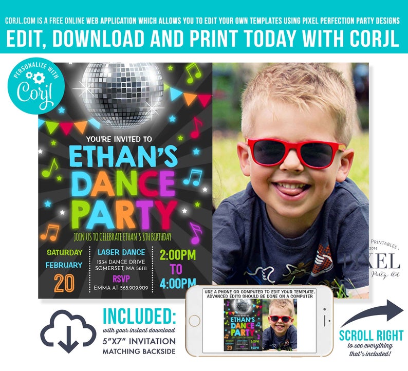 Dance Party Invitation Disco Party Invitation Glow Dance Party Neon Glow Dance Party Disco Dance Party Instant Editable File Corjl L8