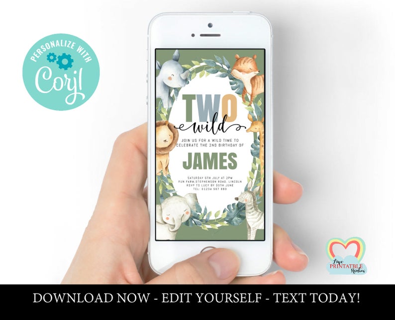 Two Wild Invitation electronic sms two wild birthday invitation boy safari animals instant download text message 2nd birthday cellphone