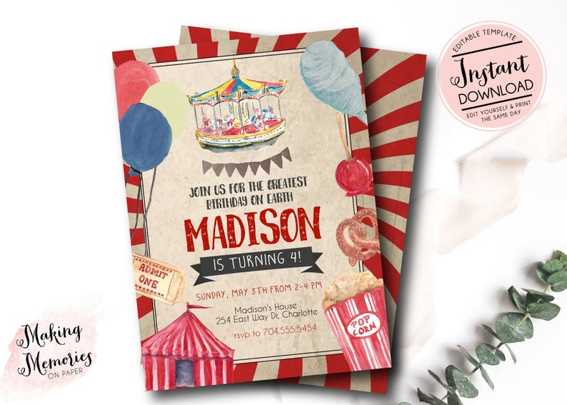 Carnival Birthday Invitation, Circus Birthday Invitation, Edit yourself instant download circus invite, Circus first birthday