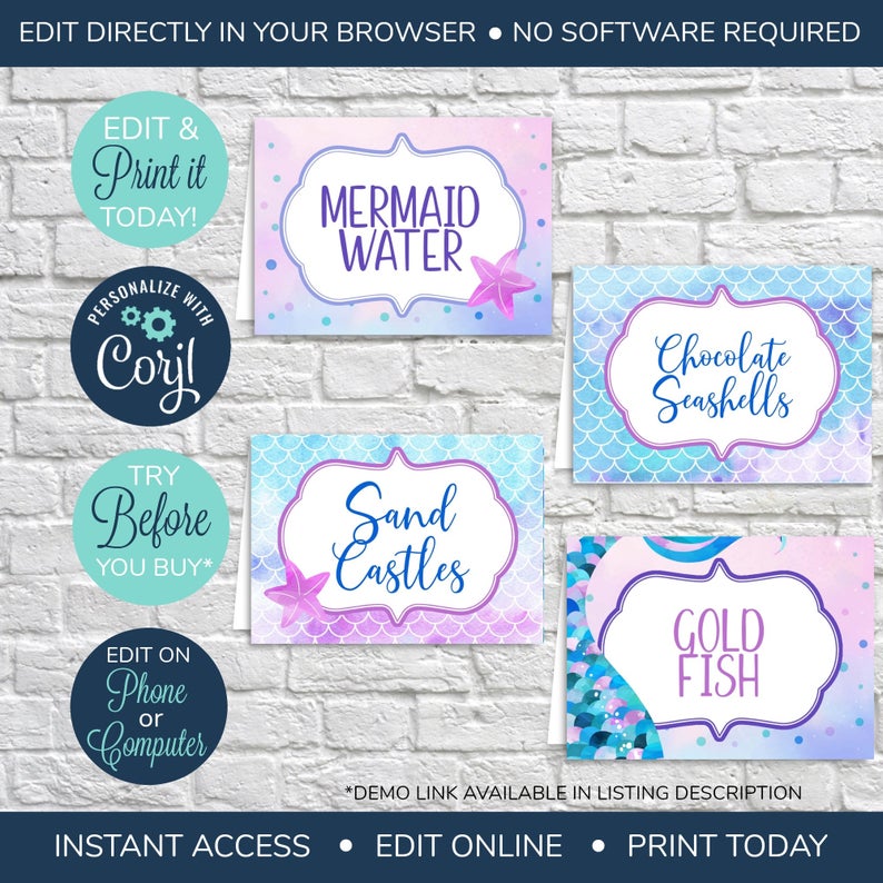 EDITABLE Mermaid Party Food Tents, Mermaid Birthday Food Labels, Printable Mermaid Party Decorations, Mermaid Printable, Mermaid Table Cards