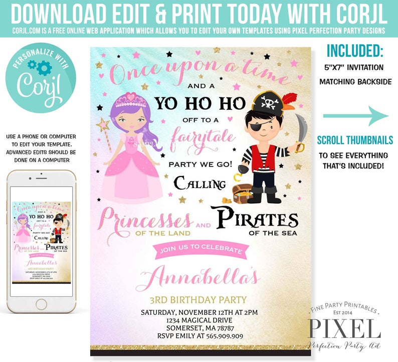 Princess And Pirate Birthday Invitation Princess Pirate Invite Girl Boy Sibling Princess Pirate Party Instant File Editable File Corjl C8
