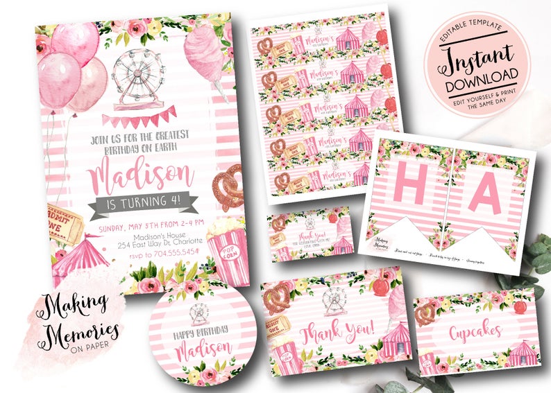 Pink Carnival Birthday Package, Girl Circus Birthday Package, Edit yourself instant download circus invite, Circus first birthday