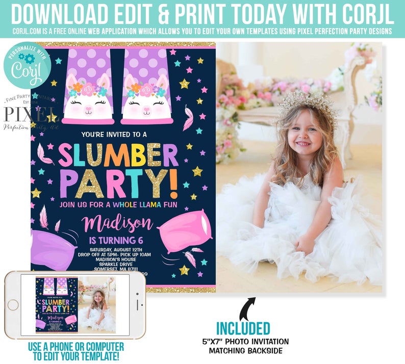 Llama Slumber Party Invitation Llama Sleepover Party Invitation Llama Pajama Party Invitation Sleepover Party Instant Editable File Corjl V1