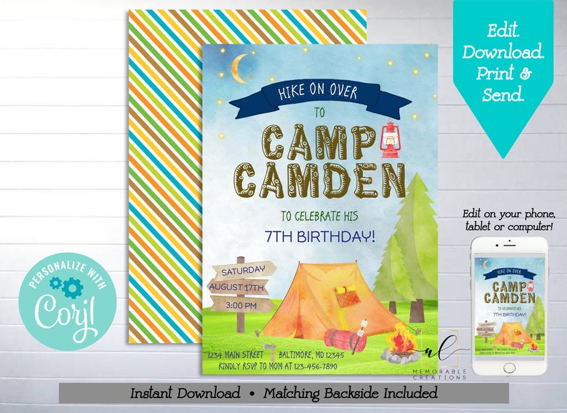 Camping Birthday Printable Invitation, Edit Yourself Camping Birthday Invite, Instant Download Camping Invitation, Camping Party, Corjl