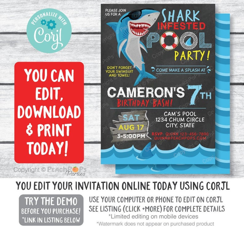 Shark Birthday Party Invitation – Shark Pool Party Birthday Bash – Chalkboard Style – DIGITAL Printable Editable Invite 5” x 7” – Edit NOW!