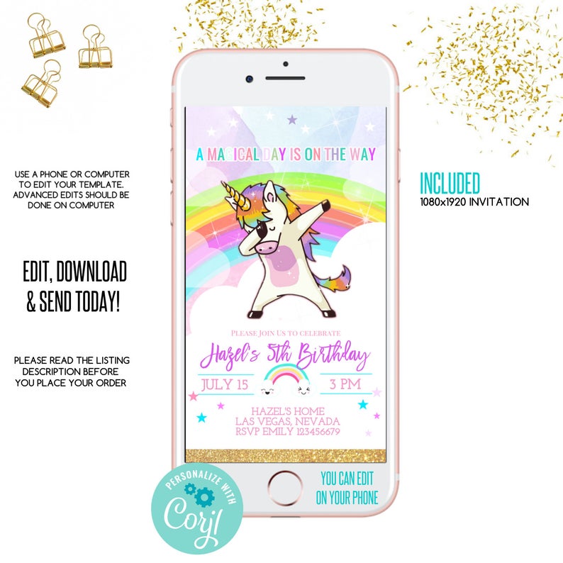 Unicorn digital invite, unicorn birthday, invitation,magical birthday, iphone invitation, unicorn invitation, Electronic Invite, smartphone,
