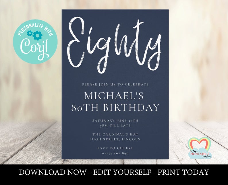 Printable 80th Birthday Invitation Navy Blue | Editable Template | 80 | Eighty | 80th Birthday Invite | Navy Invitation | Navy and White