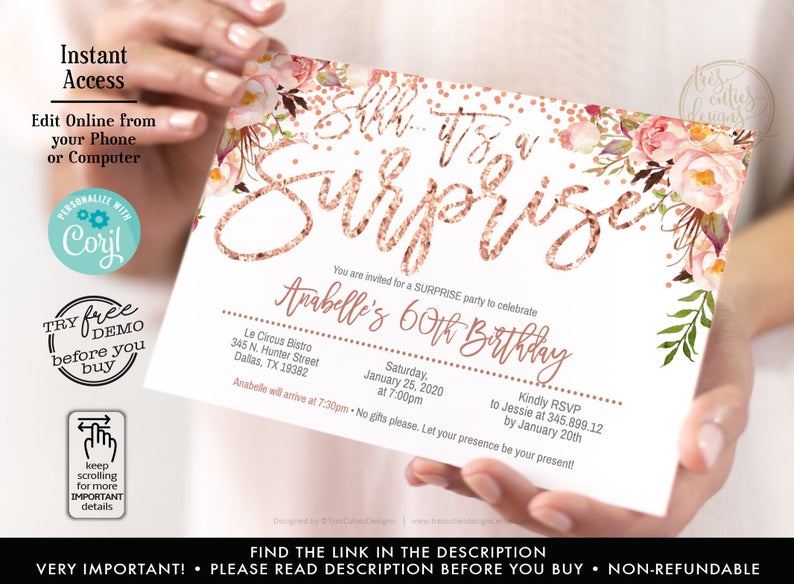 Shhh it’s a Surprise birthday invitation, Rose Gold Birthday Invitation, 60th birthday Party, Editable, For Any Ages, Template with Corjl,