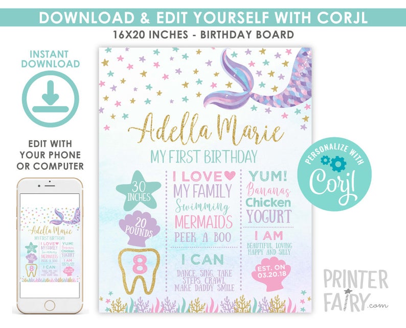Mermaid Birthday Board, EDITABLE, Under the Sea Birthday Decorations, EDIT YOURSELF Digital Birthday Board, Any Age, Instant Download