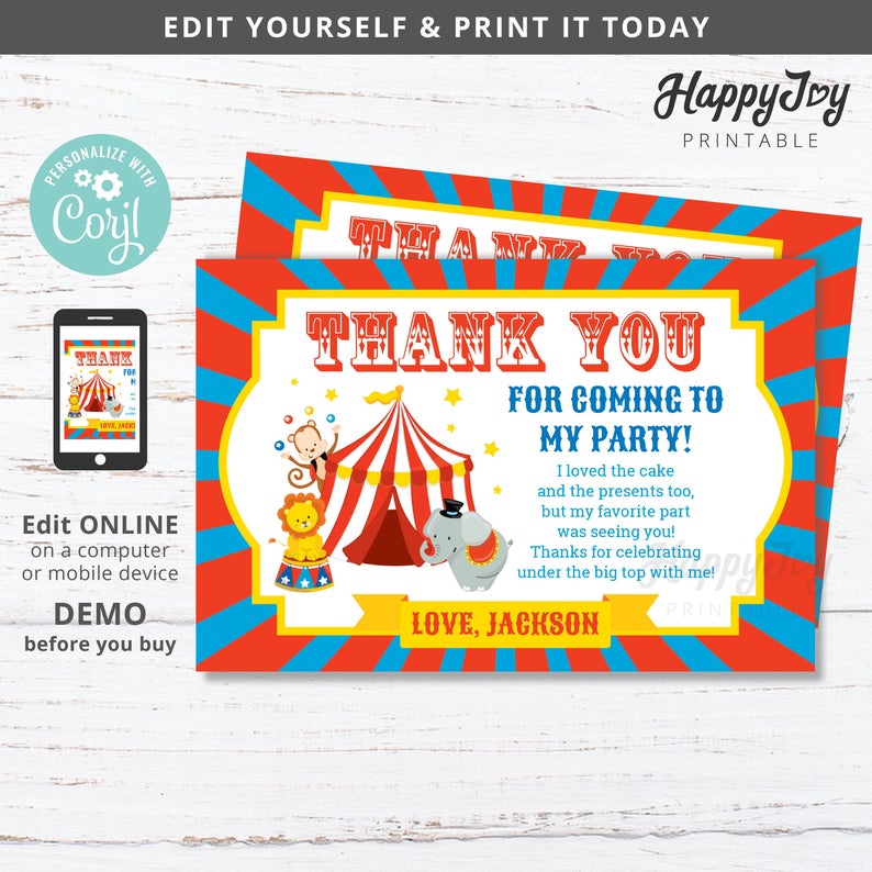 Circus Carnival Party Thank You Note Card 4×6, Greatest Show Boys Girls, Editable Template INSTANT Access, Self Edit with Corjl