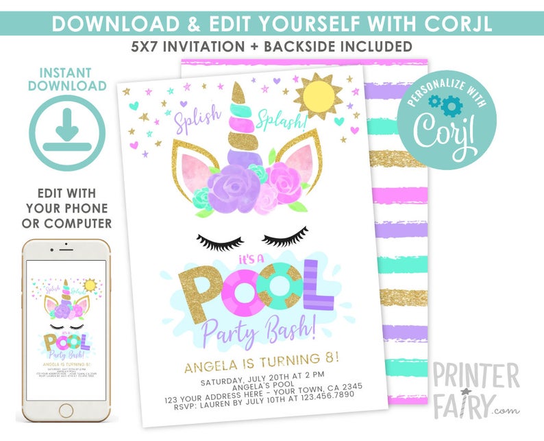 Unicorn Pool Party Invitation, EDITABLE, Unicorn Birthday Invitation, Summer Birthday Invitation, Pool Party Invitation, INSTANT DOWNLOAD