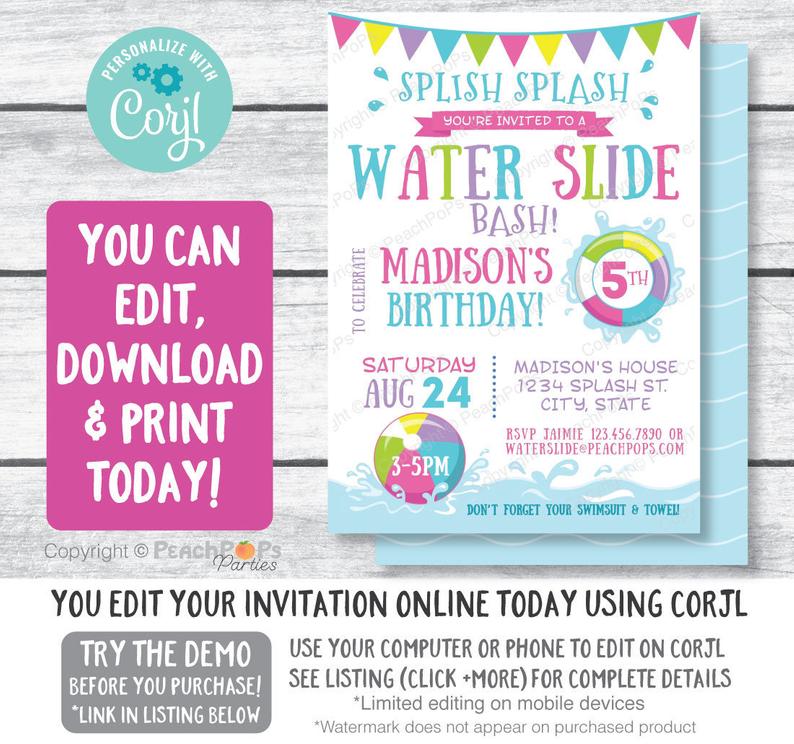 Water Slide Invitation – Splash Waterslide Birthday Bash – Pool Party Fun – Pink – DIGITAL Printable Editable Invite 5” x 7” – Edit NOW!