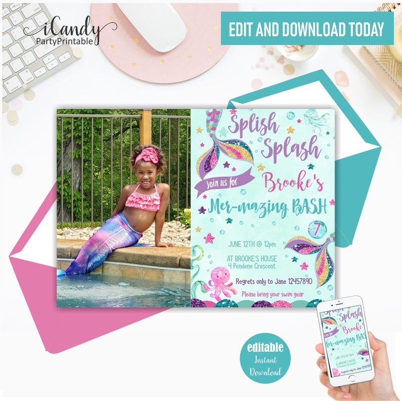 Mermaid Invitation, Mermaid Photo Invitation for a Girl, Editable by you using Corjl, Digital Birthday invitation, Instant download