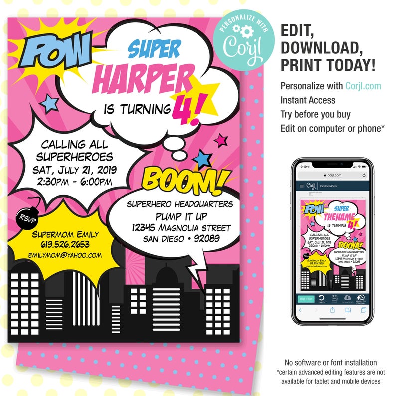 EDITABLE Superhero Birthday Invitation / Printable Invite / Super Hero / Corjl | Instant Download 4×6 and 5×7