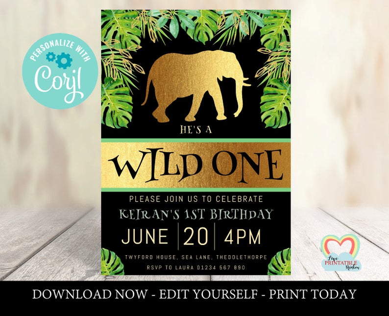 Jungle Wild One 1st Birthday Invitation Safari Animals EDITABLE TEMPLATE Tropical Green Gold Printable Invite Instant Download elephant