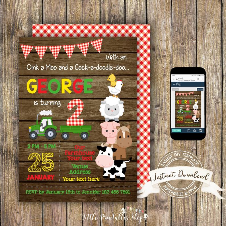 Farm Birthday Invitation for a Boy or Girl, Instant Download, Editable and printable by you with Corjl
