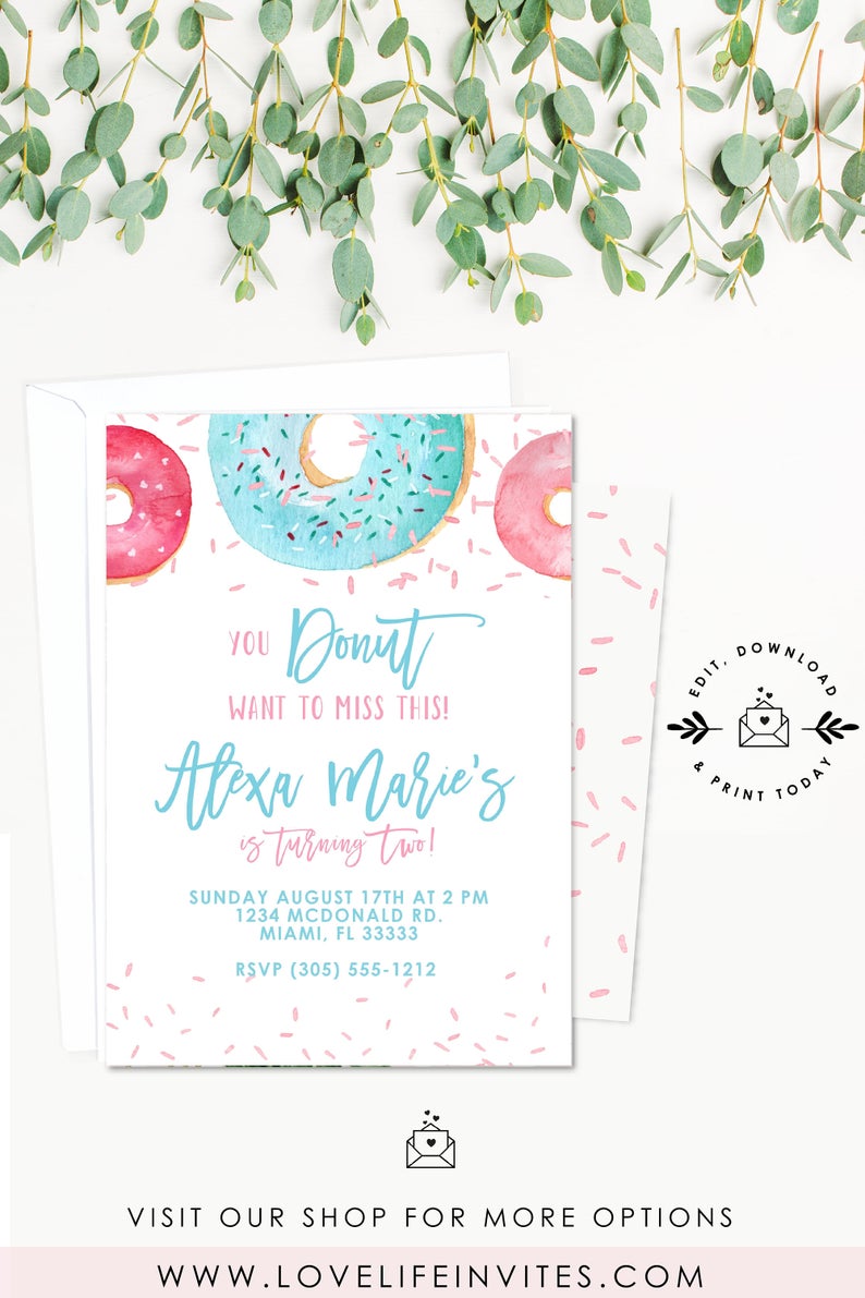 Donut Birthday Party Invitation, Editable Summer Birthday Party Invite Template, Instant Download Second Birthday Printable Invites