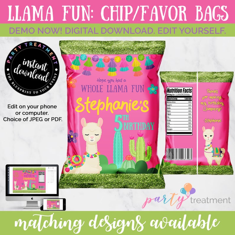 Llama Chip Bag, Llama Favor Bag, Pink Llama Party Bag, Llama Birthday, Llama Party Favor, INSTANT DOWNLOAD, Editable