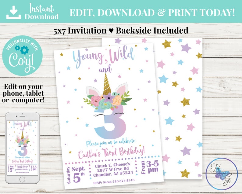 Unicorn Invitation, Young Wild and Three Invitation, Editable Corjl Invitation, Unicorn Party, Unicorn Birthday Invite, 3rd Birthday Invite