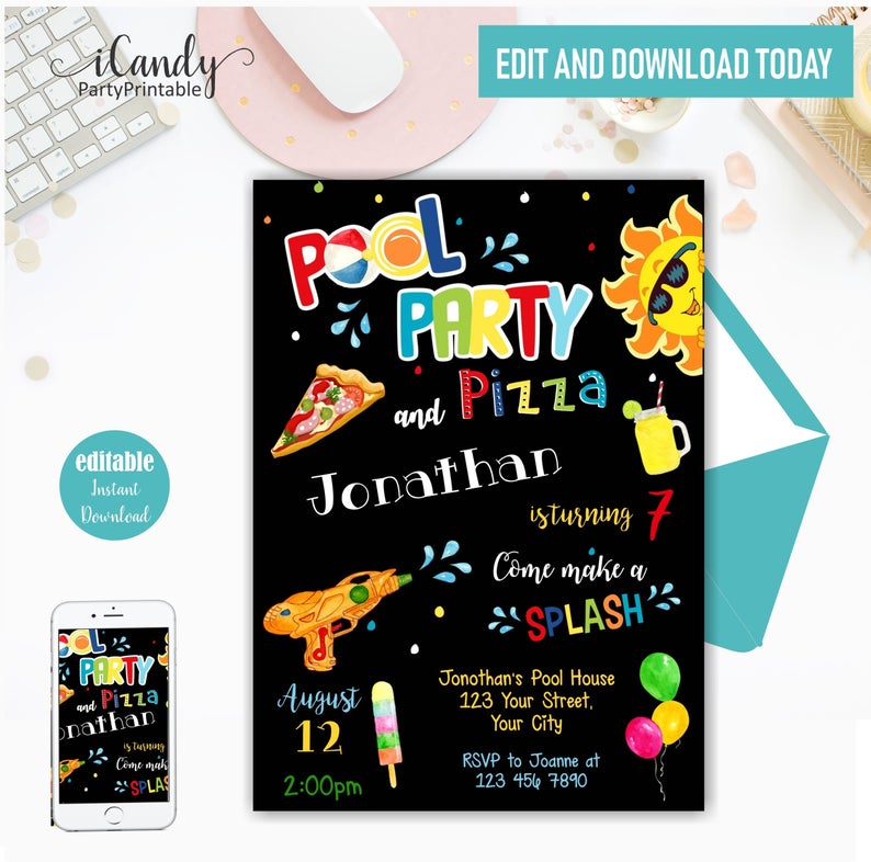 Pool Party Invitation, Swimming Birthday Party Invite, Pool and Pizza Party, Edit with CORJL, Instant Download,