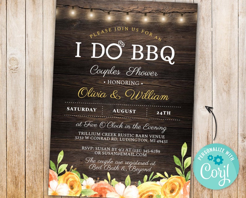I Do BBQ Invitations Floral Couple’s Shower Engagement Party INSTANT DOWNLOAD Engaged Rustic Yellow Flowers Personalize Editable Printable