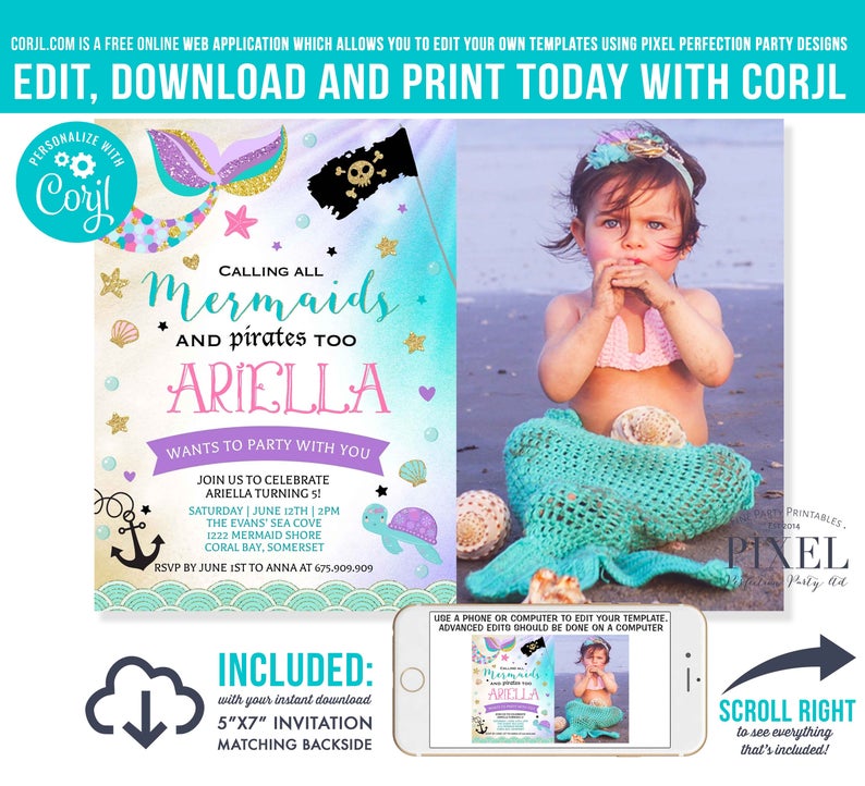 Mermaid And Pirate Birthday Invitation Mermaid and Pirate Invitation Girl Boy Mermaid And Pirate Party Instant Download Editable PDF K5