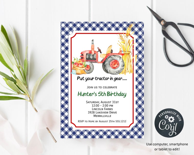 Red Tractor Invitation | Kids Birthday | Printable Editable Digital File | Instant ownload | Corjl | KBI141