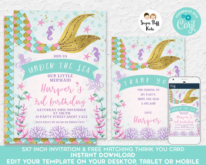 Mermaid birthday invitation, Mermaid invitation instant download, Printable mermaid birthday invitation, Mermaid birthday invite, Corjl