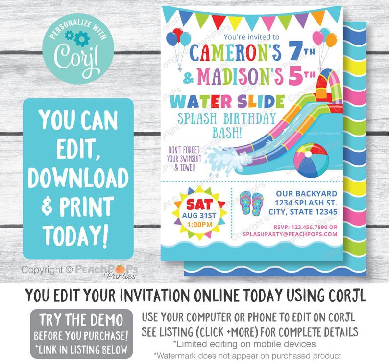 Joint Splash Water Slide Birthday Party Invitation Waterslide Bash – Boys Girls – DIGITAL Printable Editable Invite 5” x 7” – Edit NOW!