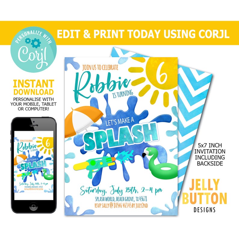 Splash Invitation, Splash Party, Water Bash Invite, Splish Splash invitation, Waterslide Invite, Water Gun Party, Pool Party Invitation