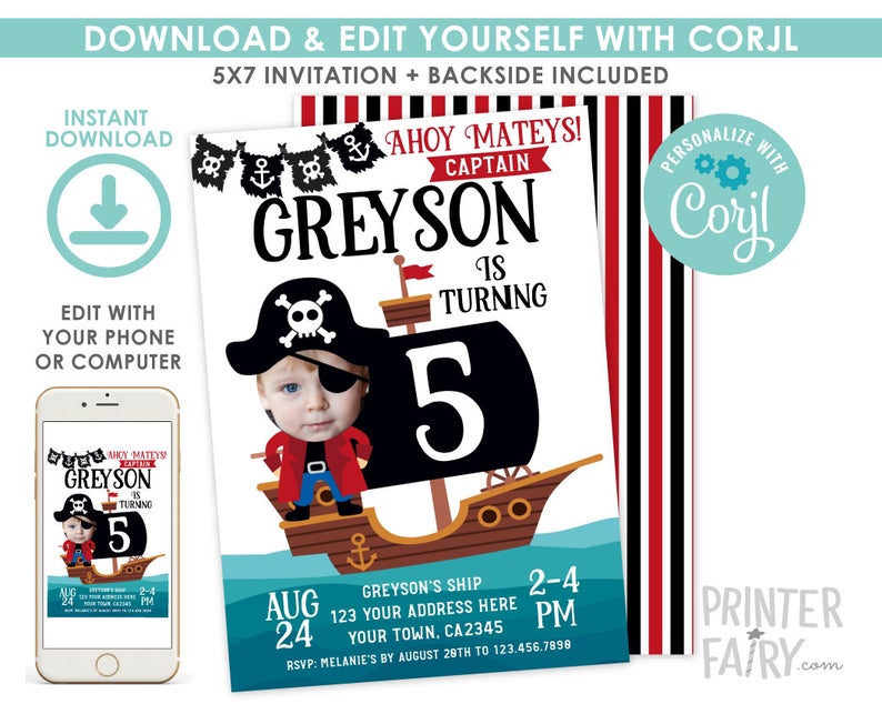 Pirate Invitation with Photo, EDITABLE, Pirate Birthday Party, Pool Party Invitation, Nautical Invitation, Pirate Party, INSTANT DOWNLOAD